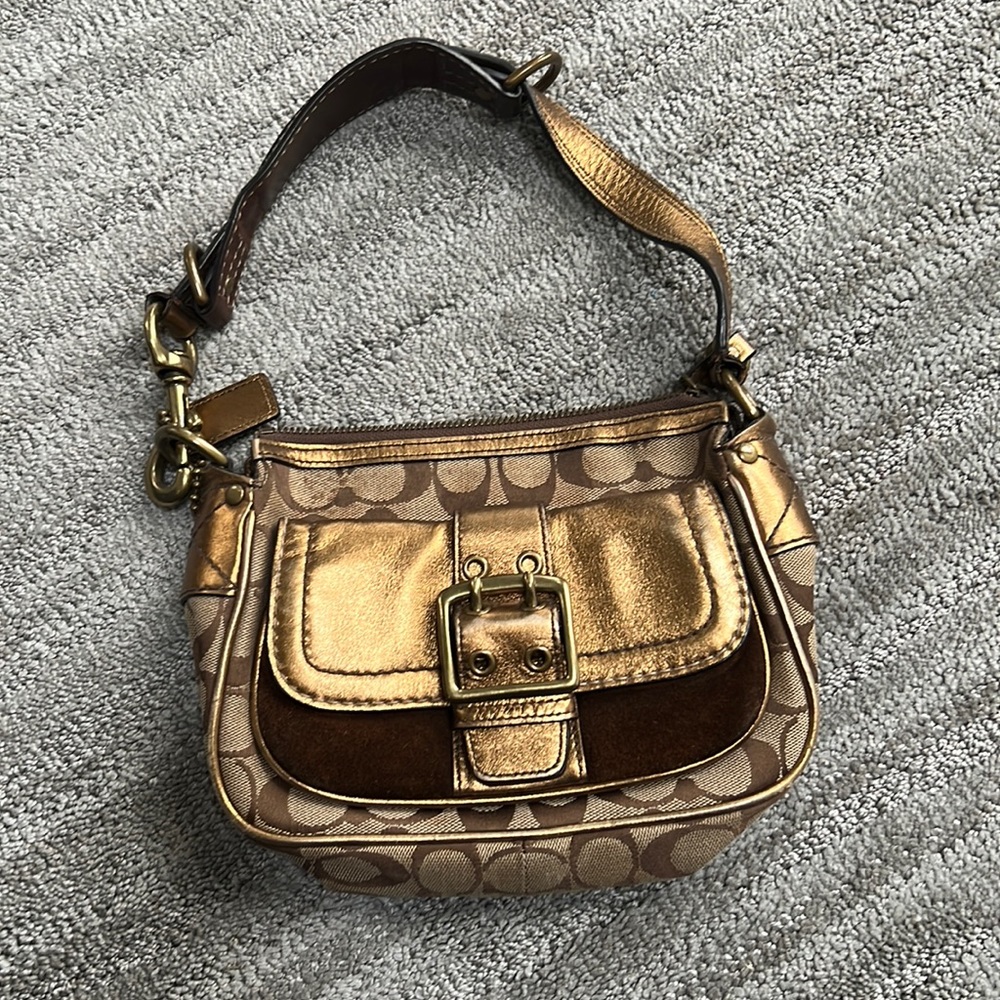 Coach Classic “C” shoulder bag brown canvas, metallic leather, and suede